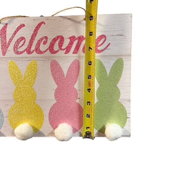 Easter Bunny Welcome Sign 14x8 in Glitter Pastel Spring Door Wall Decor Rabbit - Picture 2 of 7
